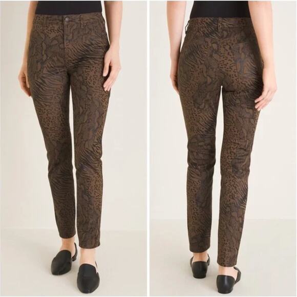 Chico's Coated Fly Front Animal Print Jeggings Jeans Brown Petite Size 2P - Picture 1 of 8
